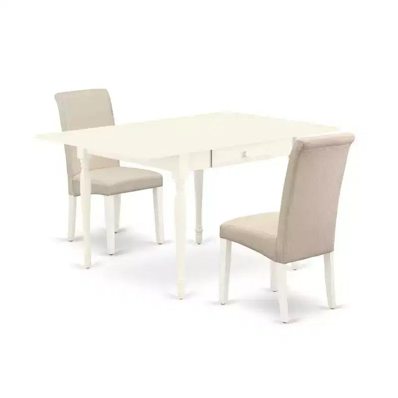 HomeStock 3-Piece Linen White Finish Solid Wood Top with Dropleaf Dining Table Set