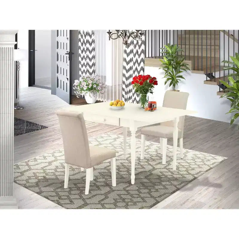 Mesa de comedor de 3 piezas con parte superior de madera maciza en acabado blanco lino y hojas abatibles