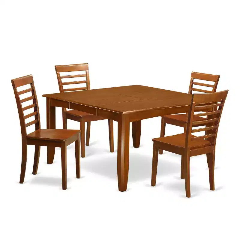 HomeStock 5-Pc Square Saddle Brown Finish Solid Wood Top Dining table with 4 Chairs