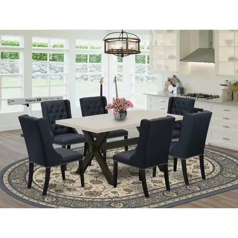 Mesa de comedor HomeStock de 7 piezas, rectangular, con cubierta de madera maciza en acabado roble natural y 6 sillas Parson