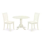 Round Dinette Set with Drop Leaf Table & 2 Linen Dining Chairs - White Finish