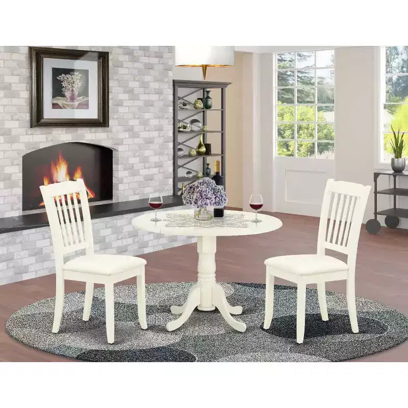 Juego de comedor redondo con mesa abatible y 2 sillas de comedor de lino - Acabado blanco