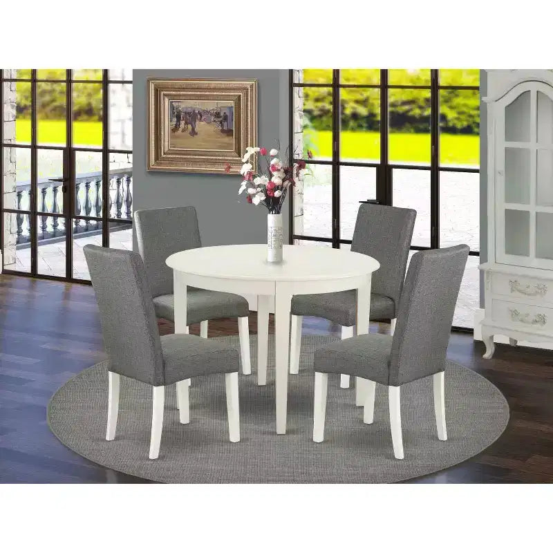 Juego de comedor moderno de 5 piezas - Mesa de cocina redonda y 4 sillas de tela - 42 pulgadas - Blanco lino