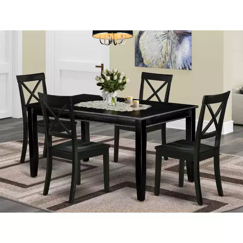 HomeStock Juego de Comedor de 5 Piezas con Mesa Rectangular de Madera Maciza con Tapa Negra y 4 Sillas