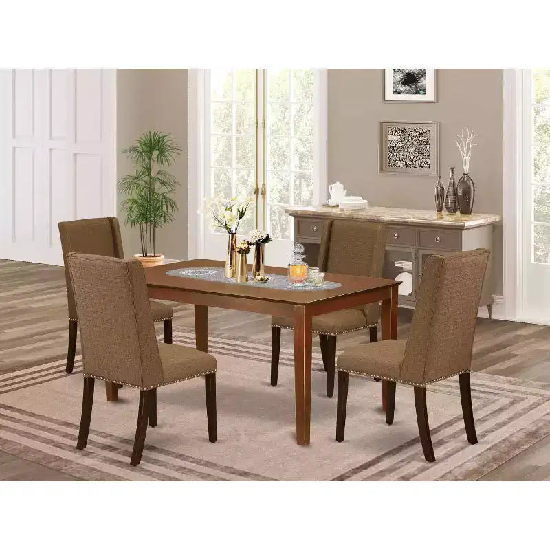 Juego de mesa de cocina de 5 piezas - Mesa de comedor y 4 sillas - Asiento de tela moderno - Acabado marrón beige