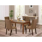 Juego de mesa de cocina de 5 piezas - Mesa de comedor y 4 sillas - Asiento de tela moderno - Acabado marrón beige
