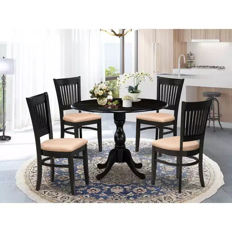 HomeStock - Mesa de comedor de 5 piezas con tapa de madera maciza y acabado negro con 4 sillas y respaldo de tablillas abatible