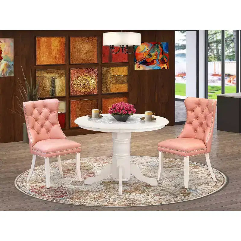 Juego de comedor de 3 piezas de lino blanco con tapa de madera maciza - Redondo tapizado - Capacidad para 4 personas