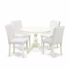 HomeStock 5-Pc Linen White Finish Solid Wood Top Dining table with 4 White Faux Leather Upholstered Parson Chairs