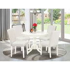 HomeStock - Mesa de comedor de 5 piezas con tapa de madera maciza con acabado blanco lino y 4 sillas Parson tapizadas en piel sintética blanca