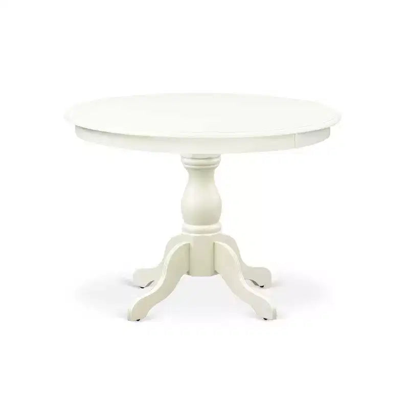 HomeStock - Mesa de comedor de 5 piezas con tapa de madera maciza con acabado blanco lino y 4 sillas Parson tapizadas en piel sintética blanca