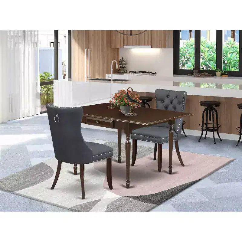 Juego de comedor HomeStock de 3 piezas con parte superior rectangular de madera maciza con acabado de caoba y tablero abatible
