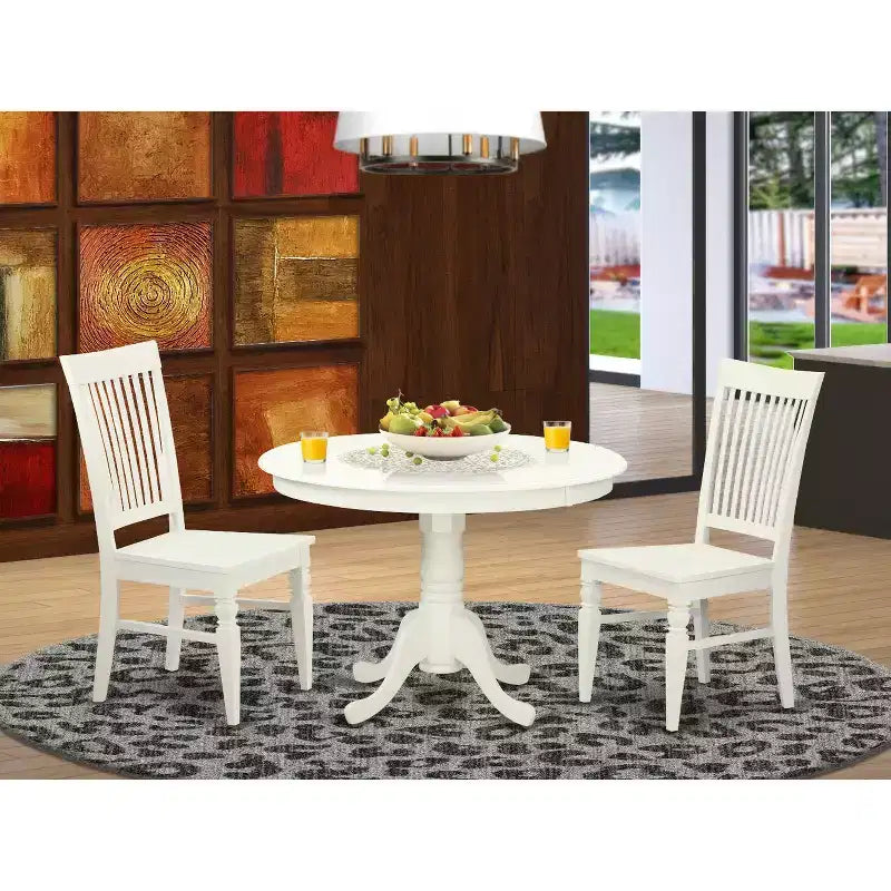 HomeStock Juego de comedor de 3 piezas de madera maciza con parte superior redonda en acabado blanco lino - Capacidad para 4 personas