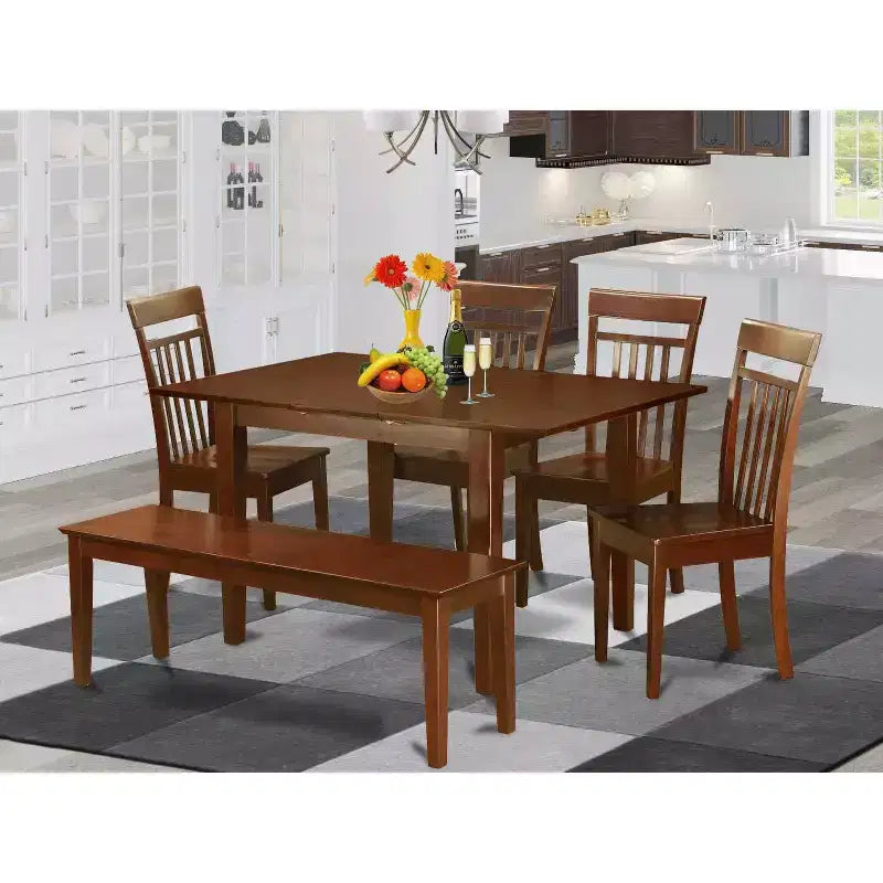 Juego de comedor asiático - Juego de mesa y sillas de 6 piezas - Mesa de cocina de madera maciza con banco