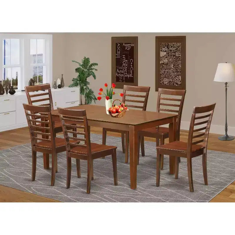 Mesa de comedor HomeStock de 7 piezas, rectangular, con cubierta de madera maciza en acabado caoba y 6 sillas