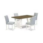 HomeStock 5-Pc Rectangle Natural Oak Finish Solid Wood Top Dining Table with 4 Upholstered Chairs
