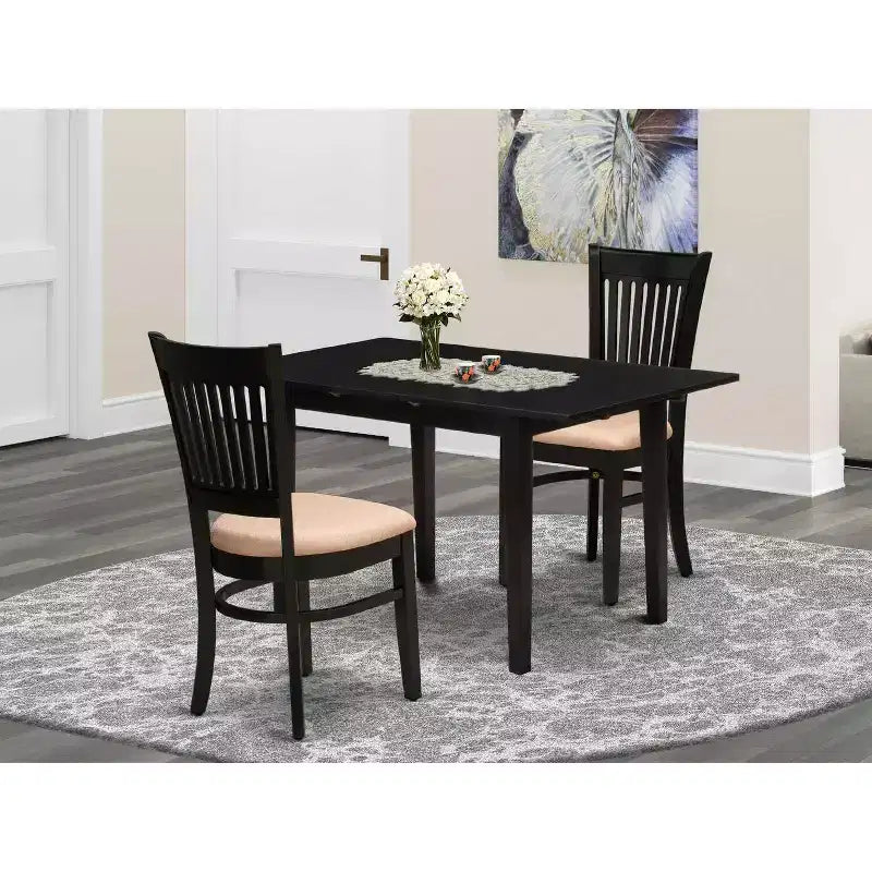 HomeStock Juego de mesa de comedor rectangular de 3 piezas con acabado negro, cubierta de madera maciza y extensión de mariposa