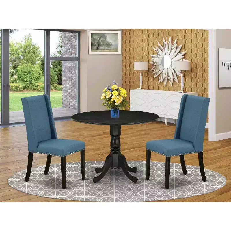 HomeStock Juego de comedor redondo de 3 piezas de madera maciza cepillada con alambre negro - Capacidad para 4 personas