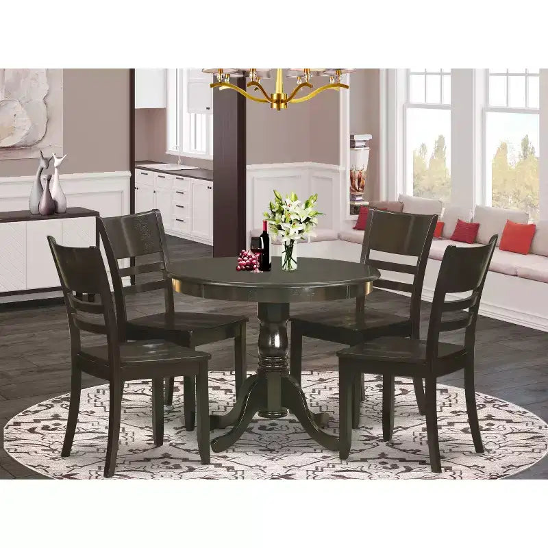 Mesa de comedor redonda de 5 piezas con tapa de madera maciza con acabado capuchino y 4 sillas con