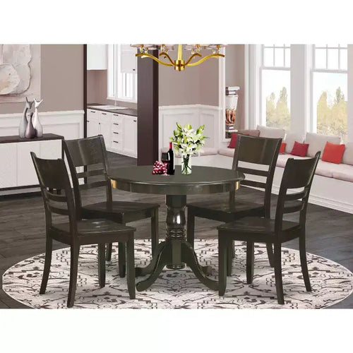 Mesa de comedor redonda de 5 piezas con tapa de madera maciza con acabado capuchino y 4 sillas con
