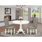 Juego de comedor redondo de 3 piezas con parte superior de madera maciza y acabado blanco lino, con capacidad para 4 personas
