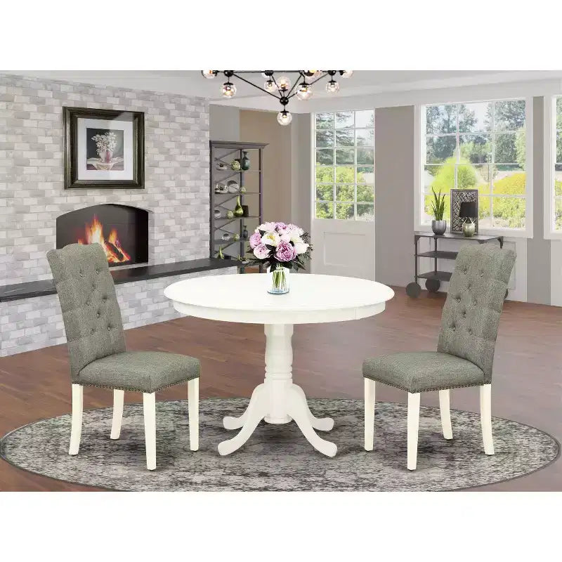 Juego de comedor redondo de 3 piezas con parte superior de madera maciza y acabado blanco lino, con capacidad para 4 personas