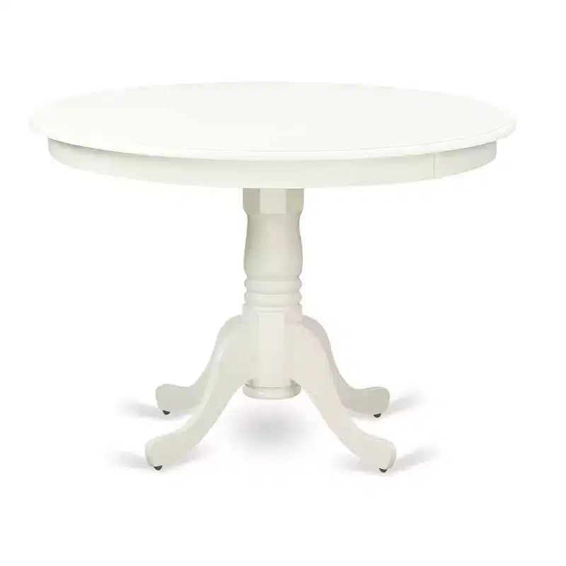 Juego de comedor redondo de 3 piezas con parte superior de madera maciza y acabado blanco lino, con capacidad para 4 personas