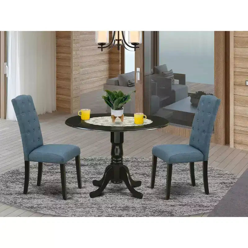 HomeStock Juego de comedor de 3 piezas con acabado negro y tapa de madera maciza - Redondo con tablero abatible - Para 4 personas