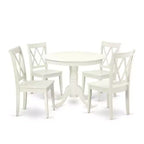 HomeStock 5-Pc Round Linen White Finish Solid Wood Top Dining table with 4 Chairs with Cross Back