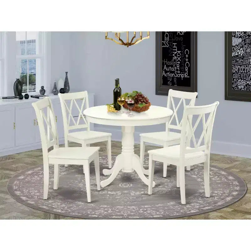 HomeStock Juego de comedor de 5 piezas con mesa redonda con tapa de madera maciza en acabado blanco lino y 4 sillas con respaldo en cruz