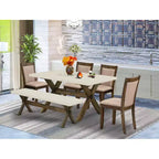 Mesa de comedor HomeStock de 6 piezas, rectangular, con acabado jacobino envejecido y tapa de madera maciza, con 1 banco y 4 sillas