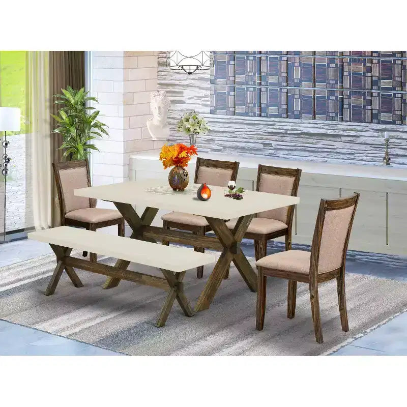 Mesa de comedor HomeStock de 6 piezas, rectangular, con acabado jacobino envejecido y tapa de madera maciza, con 1 banco y 4 sillas