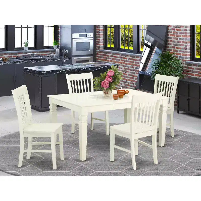 HomeStock Juego de Comedor de 5 Piezas con Cubierta de Madera Maciza y Acabado Blanco Lino con 4 Sillas