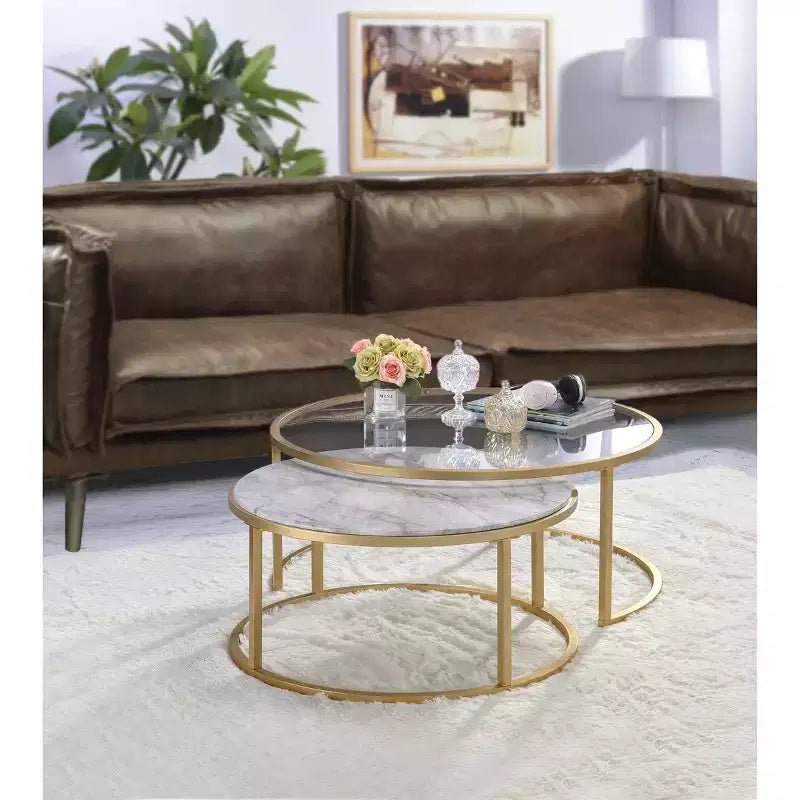 Royal Hampton Metal Framed Nesting Coffee Tables with Glass and Marble Tops, Set of Two, Gold