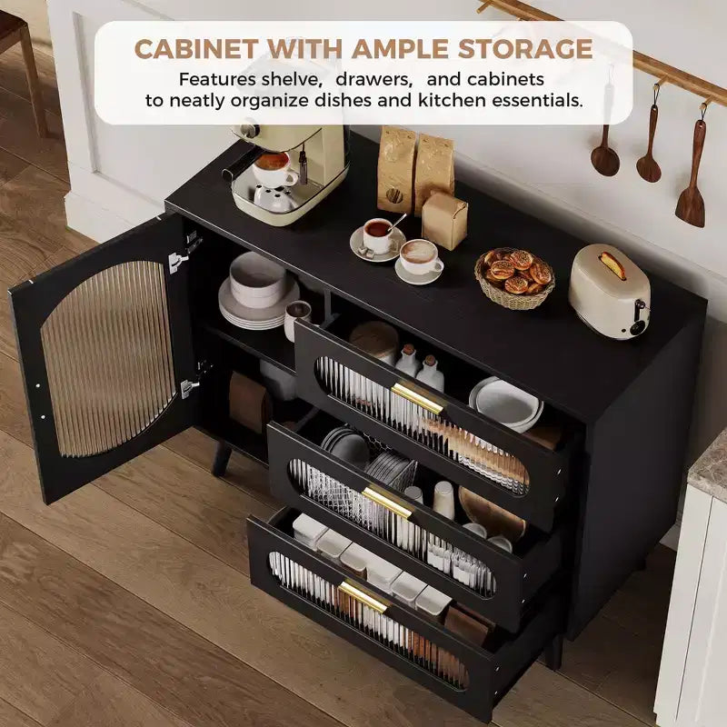 Aparador Buffet con Almacenamiento, Mueble Buffet con Puerta Acanalada y 3 Cajones, Aparador para Cocina, Comedor hermoso