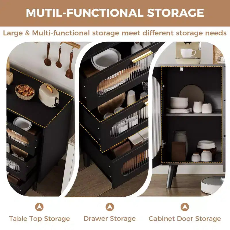 Aparador Buffet con Almacenamiento, Mueble Buffet con Puerta Acanalada y 3 Cajones, Aparador para Cocina, Comedor hermoso