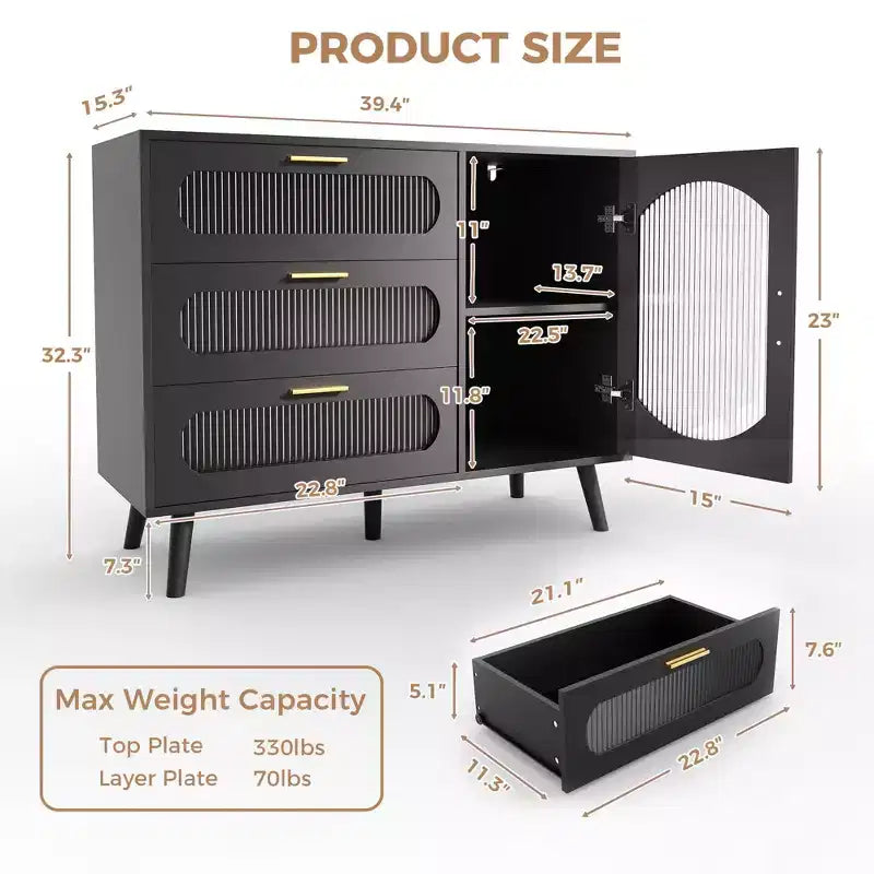 Aparador Buffet con Almacenamiento, Mueble Buffet con Puerta Acanalada y 3 Cajones, Aparador para Cocina, Comedor hermoso