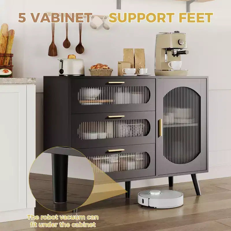 Aparador Buffet con Almacenamiento, Mueble Buffet con Puerta Acanalada y 3 Cajones, Aparador para Cocina, Comedor hermoso