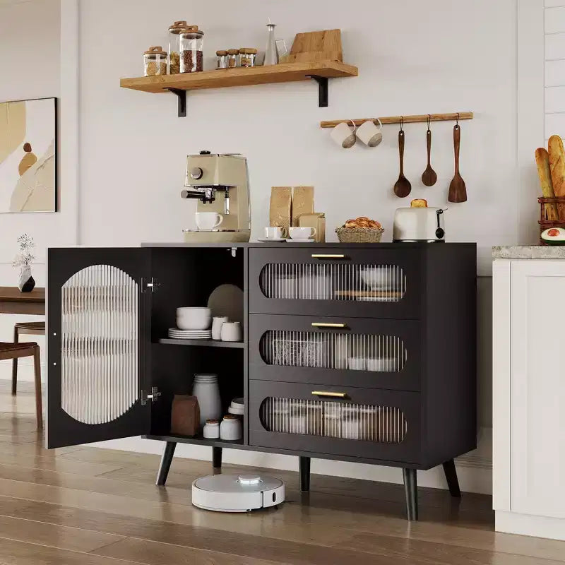 Aparador Buffet con Almacenamiento, Mueble Buffet con Puerta Acanalada y 3 Cajones, Aparador para Cocina, Comedor hermoso