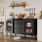 COZONY Mueble aparador con almacenamiento, puertas corredizas de vidrio acanalado, cajones, aparador negro para cocina, comedor y sala de estar