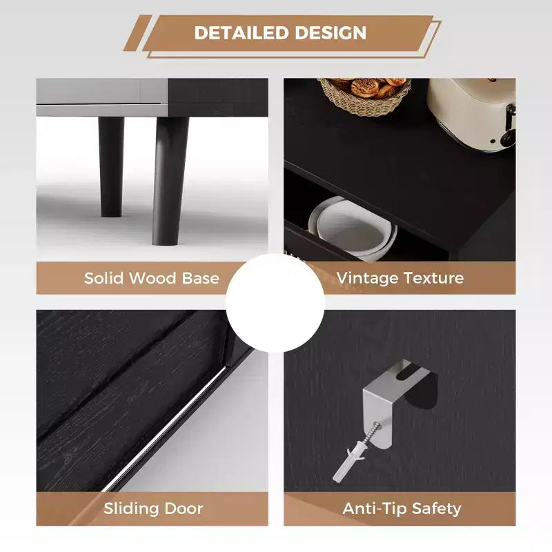 COZONY Mueble aparador con almacenamiento, puertas corredizas de vidrio acanalado, cajones, aparador negro para cocina, comedor y sala de estar