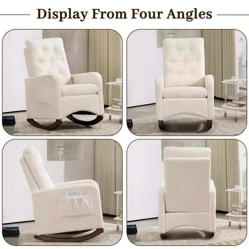 Mecedora Tapizada, Mecedora Moderna con Orejeras, Cómoda Silla Sillón Acentuada, Patas de Madera de Caucho, Respaldo Alto y Bolsillo Lateral