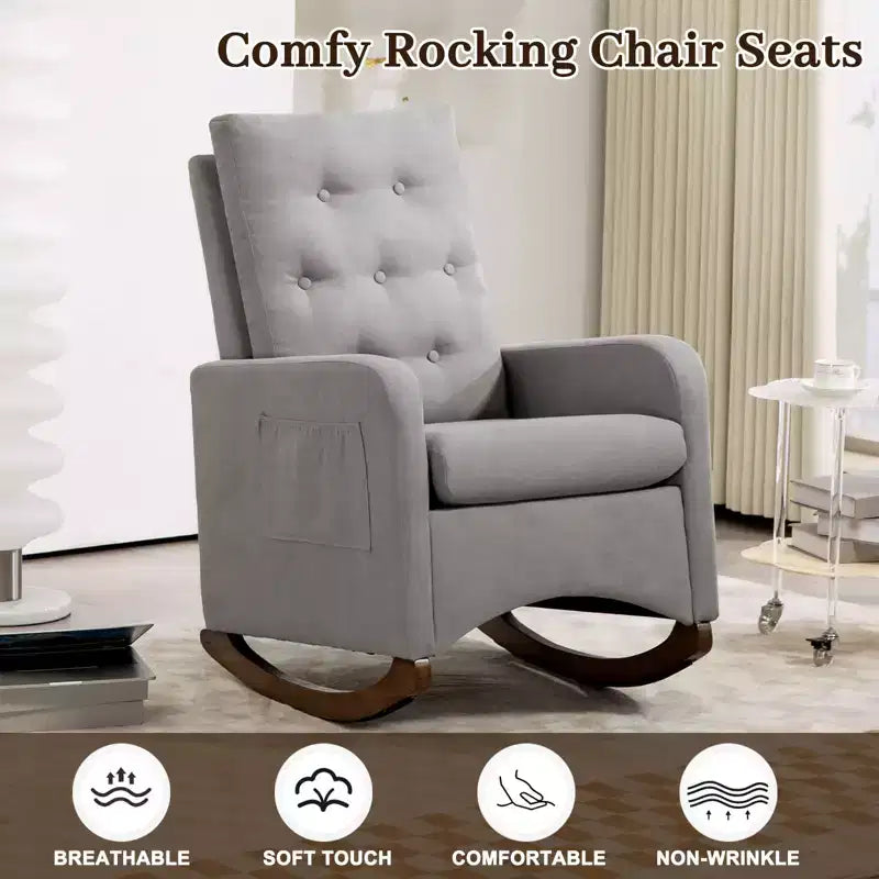 Mecedora Tapizada, Mecedora Moderna con Orejeras, Cómoda Silla Sillón Acentuada, Patas de Madera de Caucho, Respaldo Alto y Bolsillo Lateral