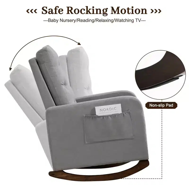 Mecedora Tapizada, Mecedora Moderna con Orejeras, Cómoda Silla Sillón Acentuada, Patas de Madera de Caucho, Respaldo Alto y Bolsillo Lateral