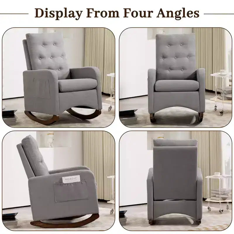 Mecedora Tapizada, Mecedora Moderna con Orejeras, Cómoda Silla Sillón Acentuada, Patas de Madera de Caucho, Respaldo Alto y Bolsillo Lateral