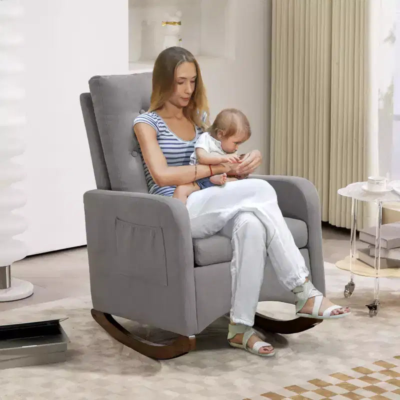 Mecedora Tapizada, Mecedora Moderna con Orejeras, Cómoda Silla Sillón Acentuada, Patas de Madera de Caucho, Respaldo Alto y Bolsillo Lateral
