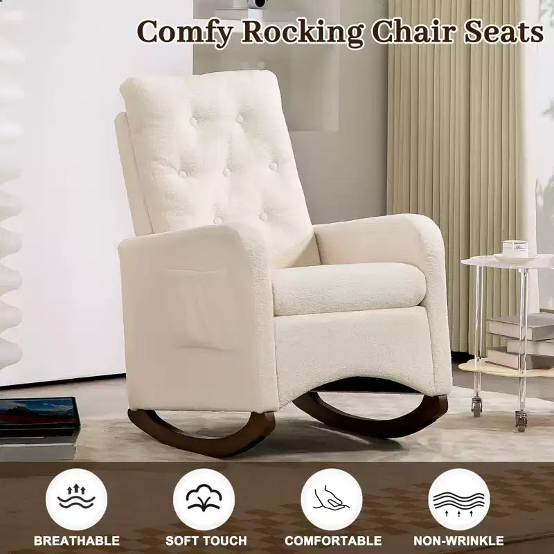 Mecedora Tapizada, Mecedora Moderna con Orejeras, Cómoda Silla Sillón Acentuada, Patas de Madera de Caucho, Respaldo Alto y Bolsillo Lateral