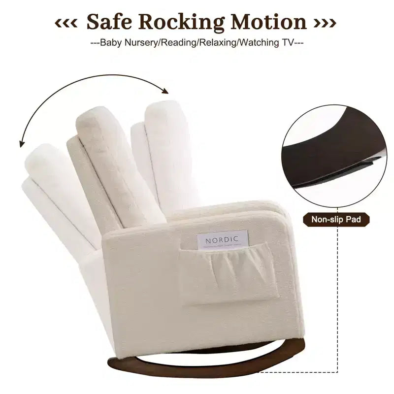 Mecedora Tapizada, Mecedora Moderna con Orejeras, Cómoda Silla Sillón Acentuada, Patas de Madera de Caucho, Respaldo Alto y Bolsillo Lateral