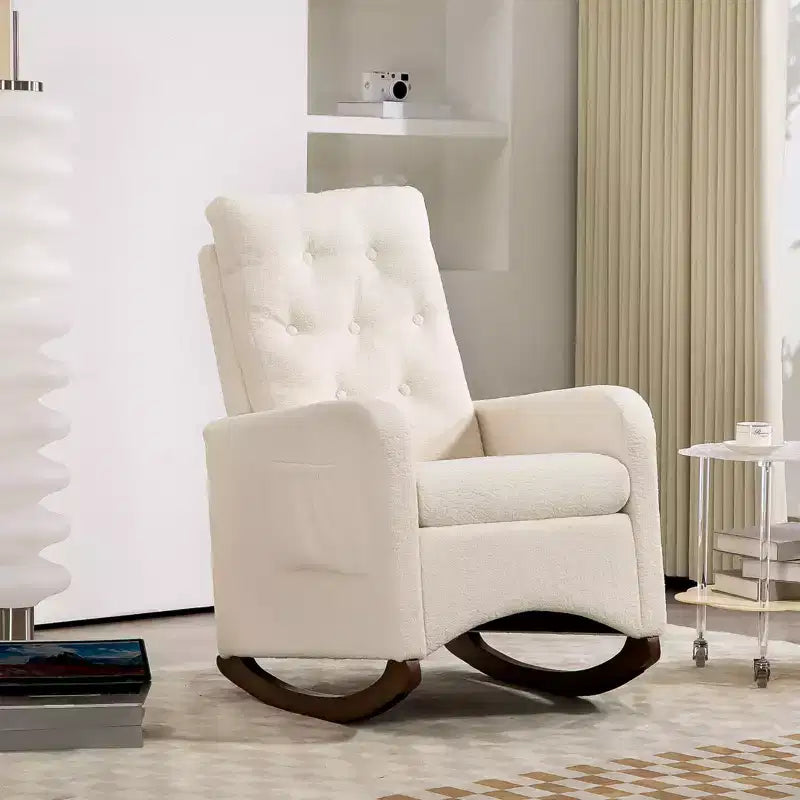 Mecedora Tapizada, Mecedora Moderna con Orejeras, Cómoda Silla Sillón Acentuada, Patas de Madera de Caucho, Respaldo Alto y Bolsillo Lateral