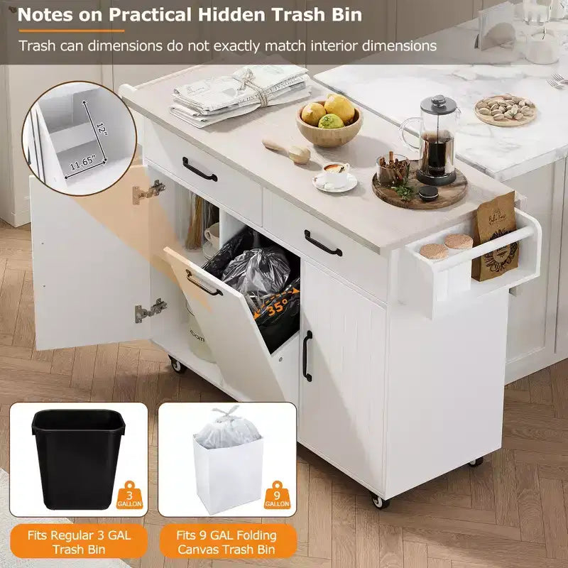 Pexfix Isla de Cocina con Armario para Bote de Basura, Carrito de Cocina con Hoja Desplegable y Especiero y Toallero y Cajón con Estante Ajustable Blanco